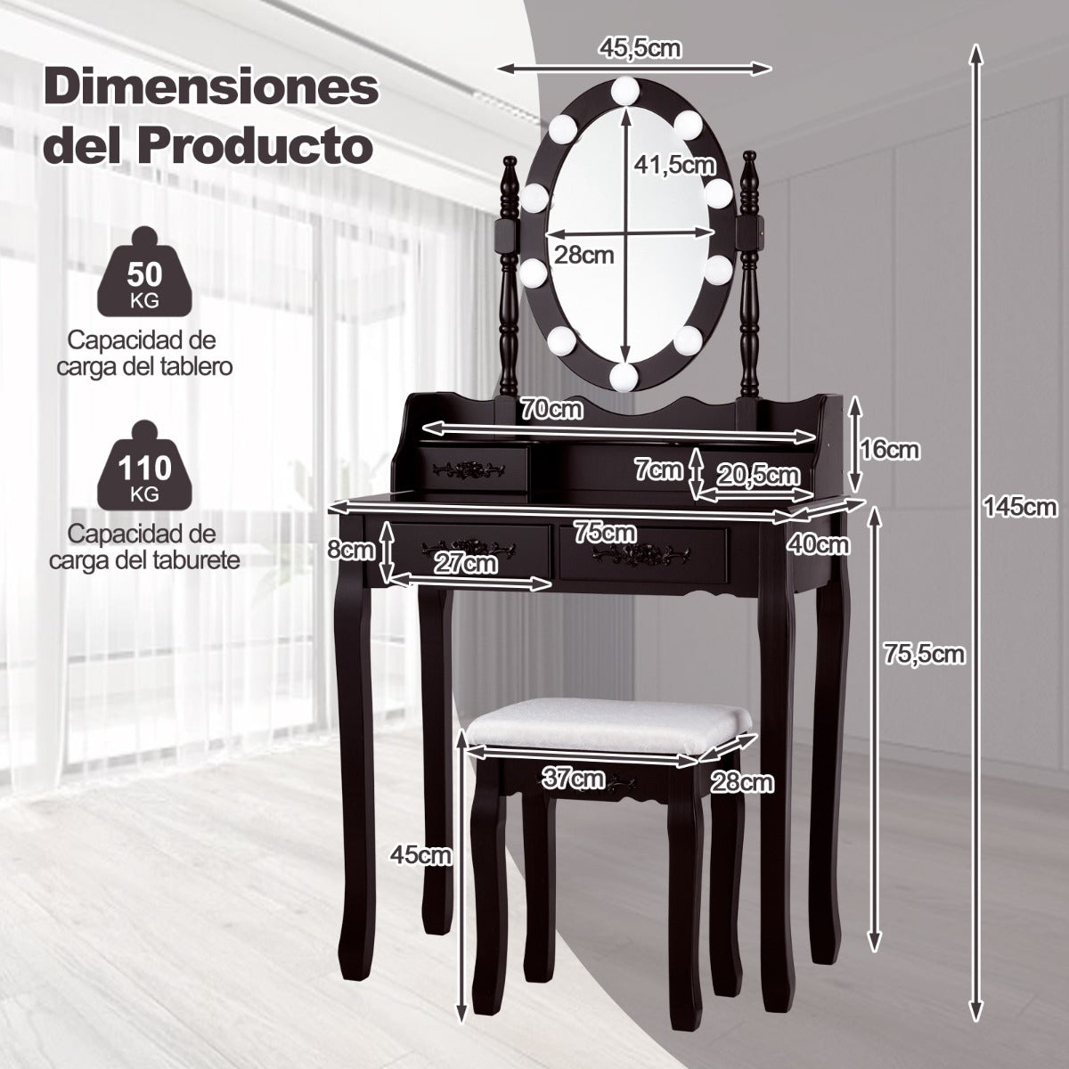 Set de Mesa Tocador con 10 Luces LED Espejo Iluminado Interruptor Táctil Iluminosidad Regulable 4 Cajones y Taburete Acolchado Negro