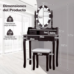 Set de Mesa Tocador con 10 Luces LED Espejo Iluminado Interruptor Táctil Iluminosidad Regulable 4 Cajones y Taburete Acolchado Negro