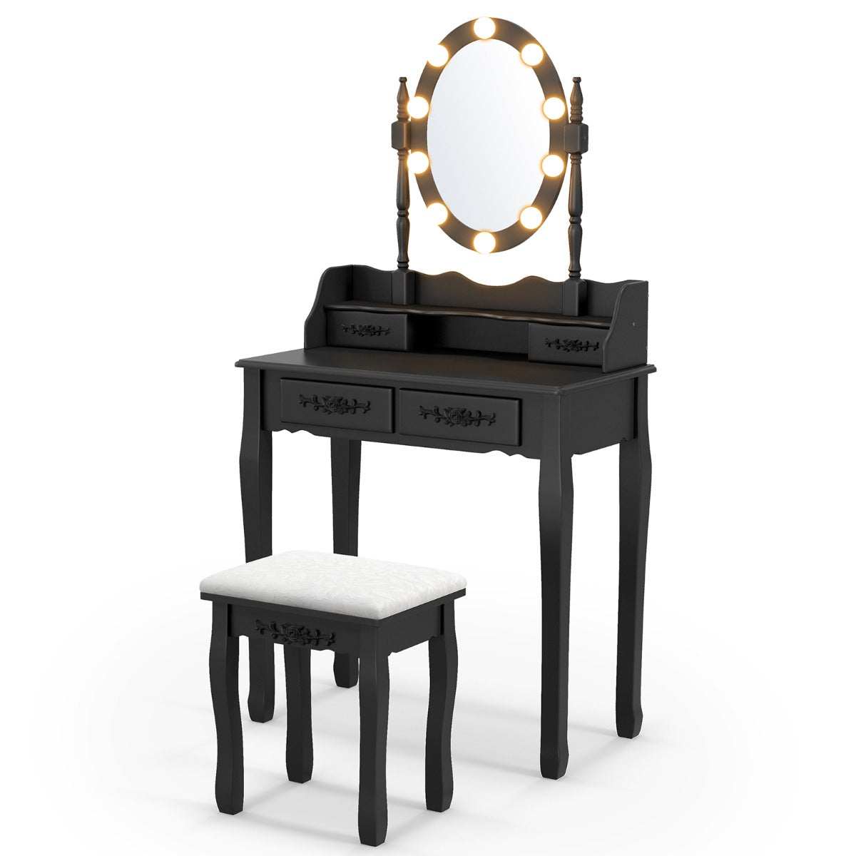 Set de Mesa Tocador con 10 Luces LED Espejo Iluminado Interruptor Táctil Iluminosidad Regulable 4 Cajones y Taburete Acolchado Negro