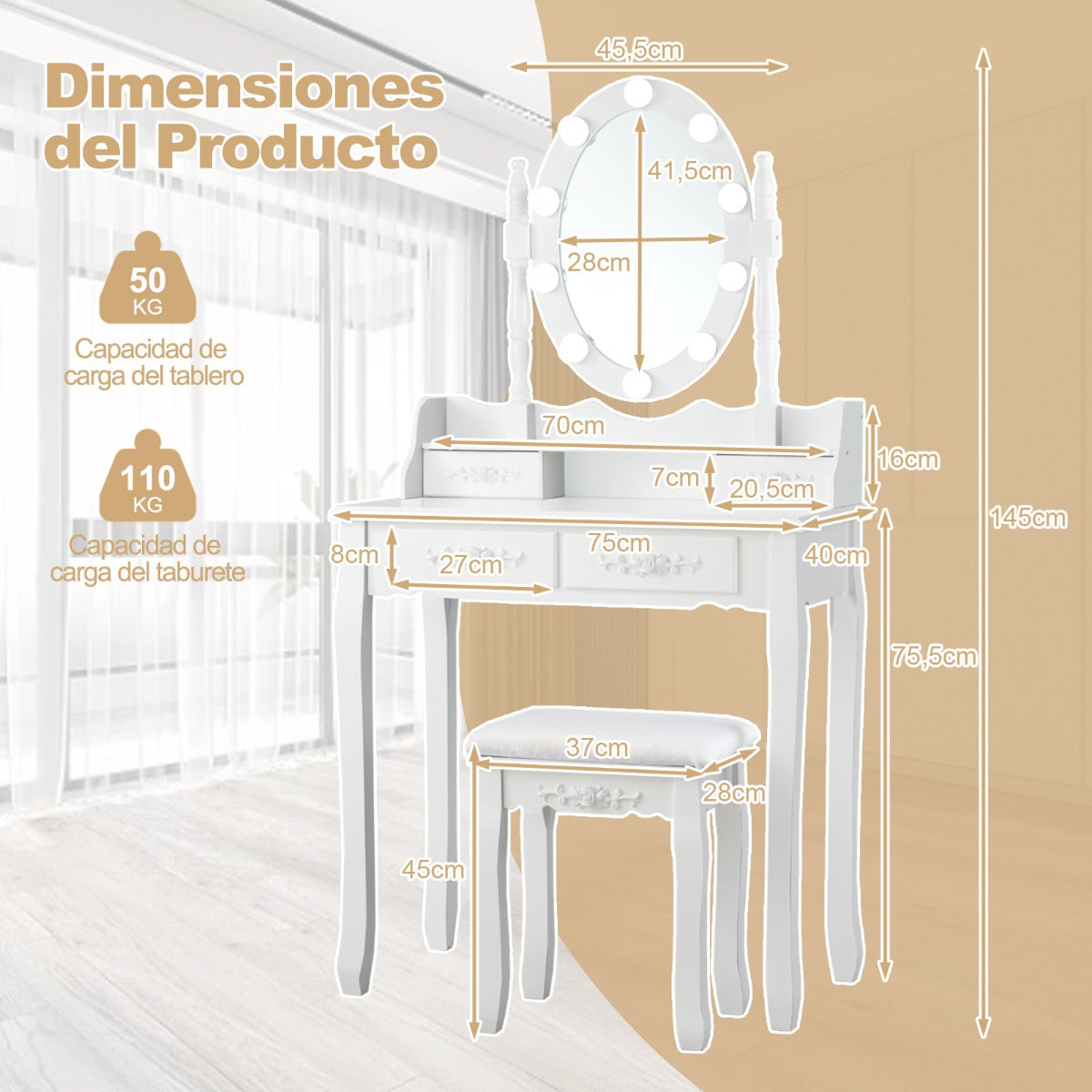 Set de Mesa Tocador con 10 Luces LED Espejo Iluminado Interruptor Táctil Iluminosidad Regulable 4 Cajones y Taburete Acolchado Blanco