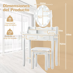 Set de Mesa Tocador con 10 Luces LED Espejo Iluminado Interruptor Táctil Iluminosidad Regulable 4 Cajones y Taburete Acolchado Blanco