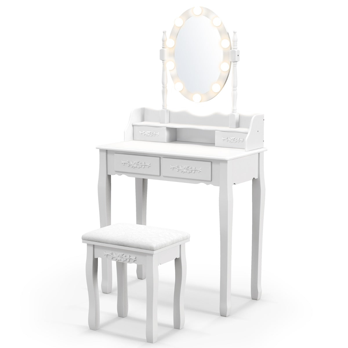 Set de Mesa Tocador con 10 Luces LED Espejo Iluminado Interruptor Táctil Iluminosidad Regulable 4 Cajones y Taburete Acolchado Blanco