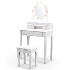 Set de Mesa Tocador con 10 Luces LED Espejo Iluminado Interruptor Táctil Iluminosidad Regulable 4 Cajones y Taburete Acolchado Blanco