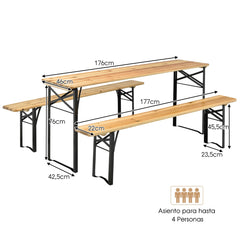 Juego de Mesa y Banco de Picnic de 3 Piezas Mesa de Cerveza Plegable con 2 Asientos Marco de Acero para Patio Terraza al Aire Libre Natural