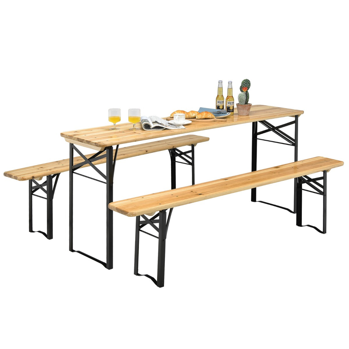 Juego de Mesa y Banco de Picnic de 3 Piezas Mesa de Cerveza Plegable con 2 Asientos Marco de Acero para Patio Terraza al Aire Libre Natural
