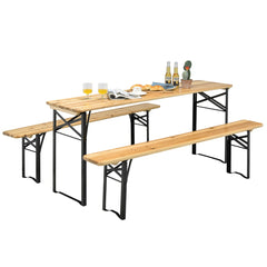Juego de Mesa y Banco de Picnic de 3 Piezas Mesa de Cerveza Plegable con 2 Asientos Marco de Acero para Patio Terraza al Aire Libre Natural