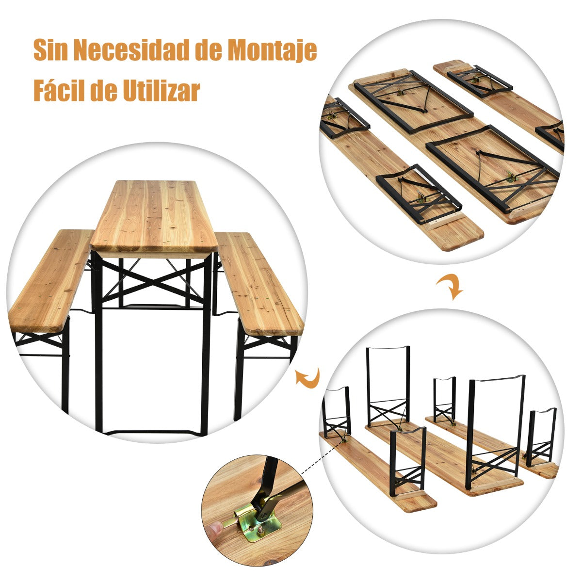 Juego de Mesa y Banco de Picnic de 3 Piezas Mesa de Cerveza Plegable con 2 Asientos Marco de Acero para Patio Terraza al Aire Libre Natural