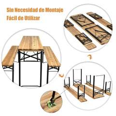 Juego de Mesa y Banco de Picnic de 3 Piezas Mesa de Cerveza Plegable con 2 Asientos Marco de Acero para Patio Terraza al Aire Libre Natural