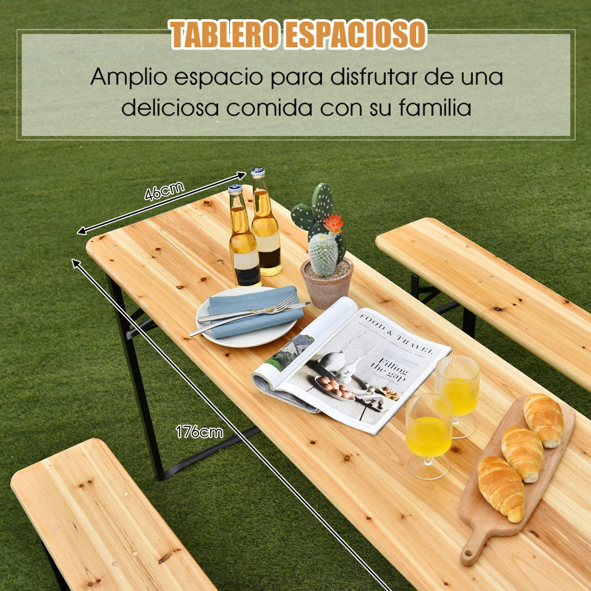 Juego de Mesa y Banco de Picnic de 3 Piezas Mesa de Cerveza Plegable con 2 Asientos Marco de Acero para Patio Terraza al Aire Libre Natural