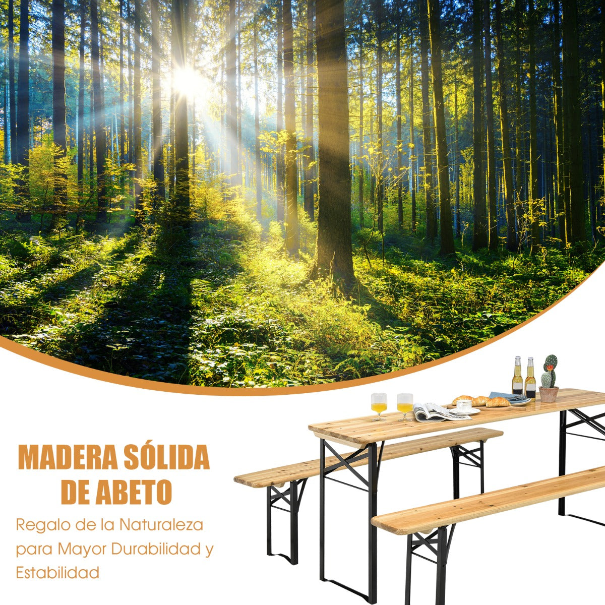 Juego de Mesa y Banco de Picnic de 3 Piezas Mesa de Cerveza Plegable con 2 Asientos Marco de Acero para Patio Terraza al Aire Libre Natural