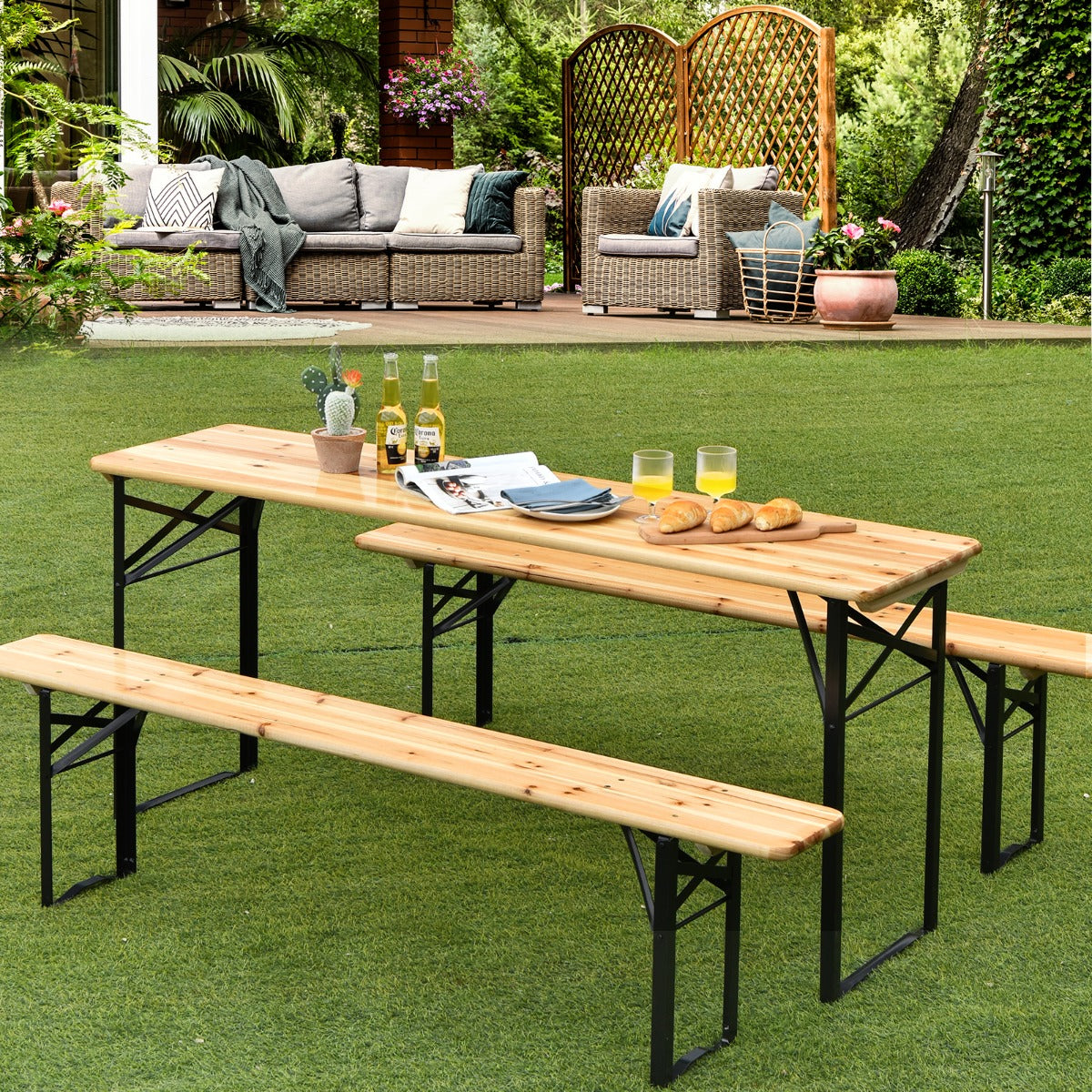 Juego de Mesa y Banco de Picnic de 3 Piezas Mesa de Cerveza Plegable con 2 Asientos Marco de Acero para Patio Terraza al Aire Libre Natural