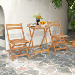 Conjunto de Mesa Redonda y 2 Sillas Plegables de Madera de Acacia para Exterior Interior Mesa y Sillas para Patio Balcón Jardín Natural