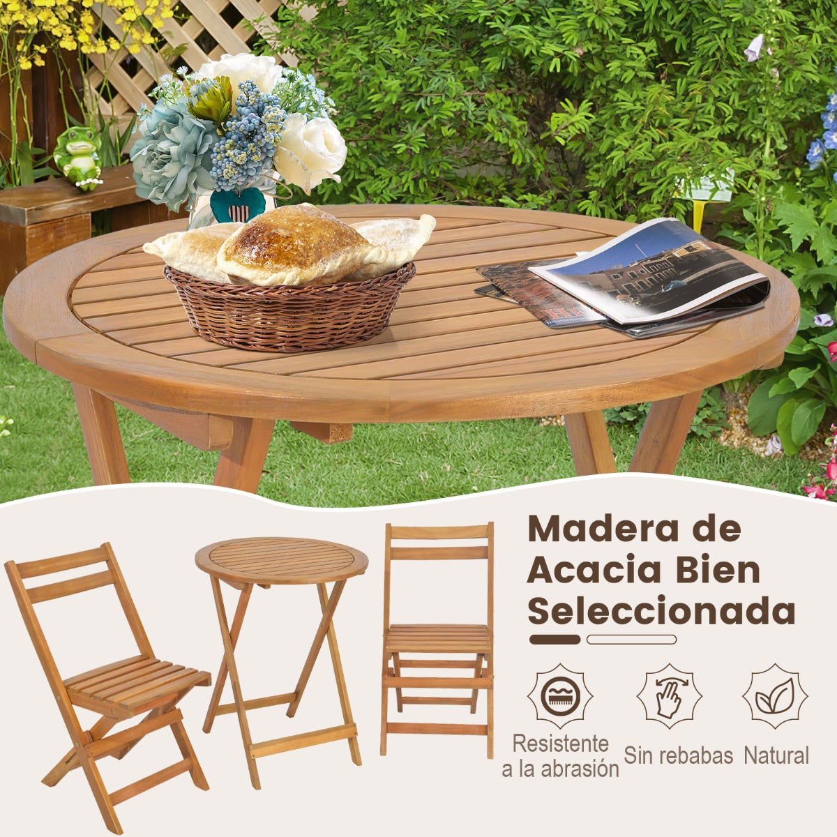 Conjunto de Mesa Redonda y 2 Sillas Plegables de Madera de Acacia para Exterior Interior Mesa y Sillas para Patio Balcón Jardín Natural