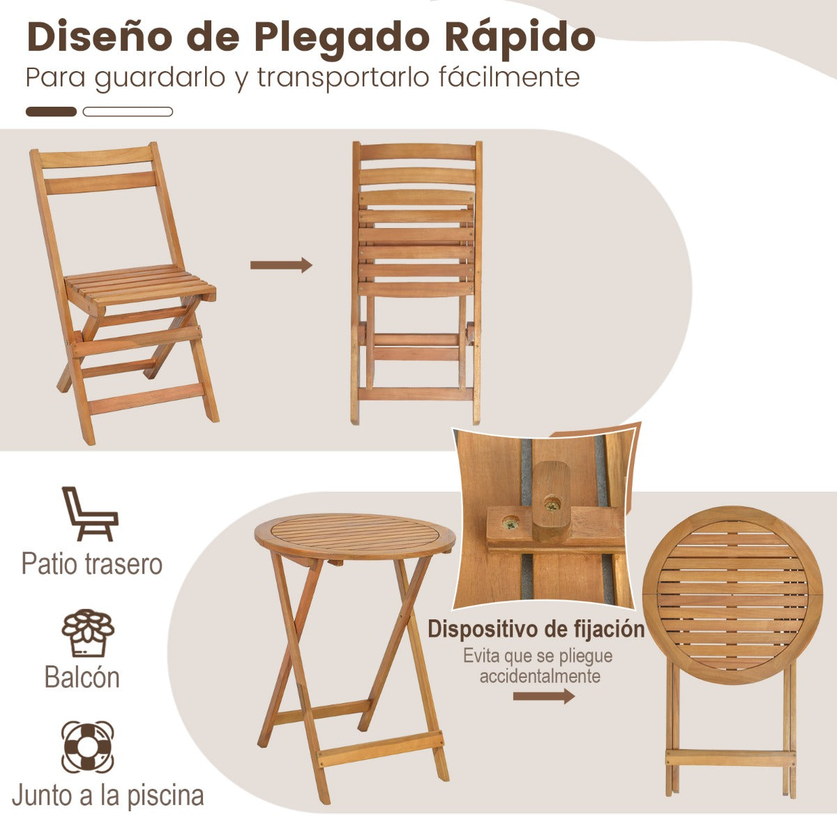 Conjunto de Mesa Redonda y 2 Sillas Plegables de Madera de Acacia para Exterior Interior Mesa y Sillas para Patio Balcón Jardín Natural