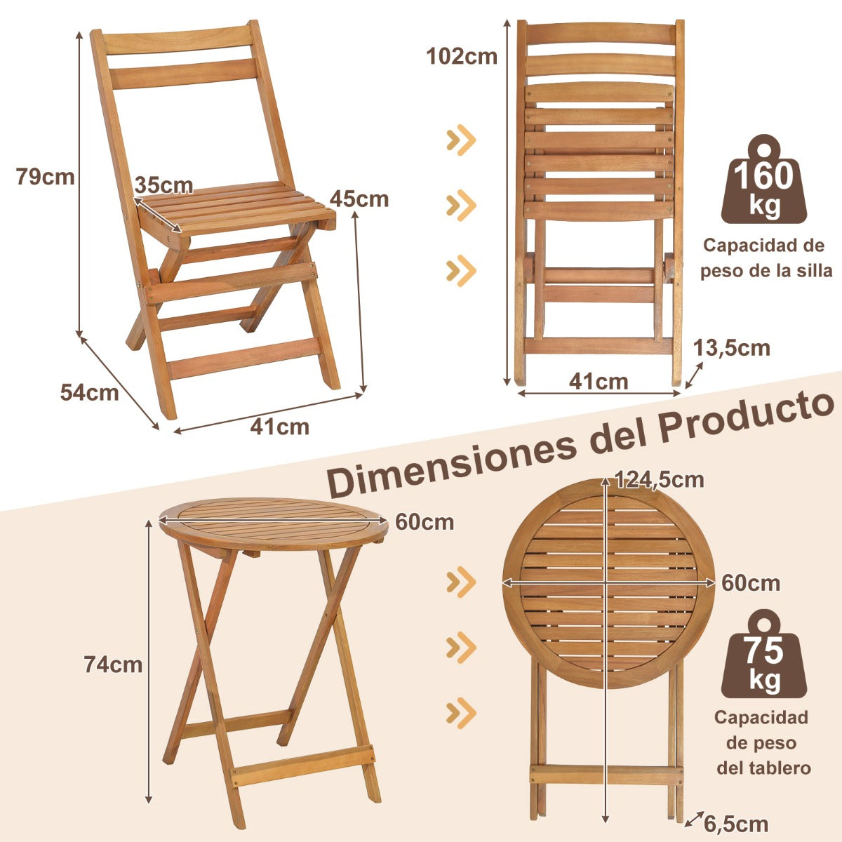 Conjunto de Mesa Redonda y 2 Sillas Plegables de Madera de Acacia para Exterior Interior Mesa y Sillas para Patio Balcón Jardín Natural