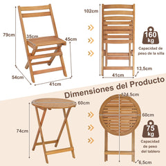 Conjunto de Mesa Redonda y 2 Sillas Plegables de Madera de Acacia para Exterior Interior Mesa y Sillas para Patio Balcón Jardín Natural