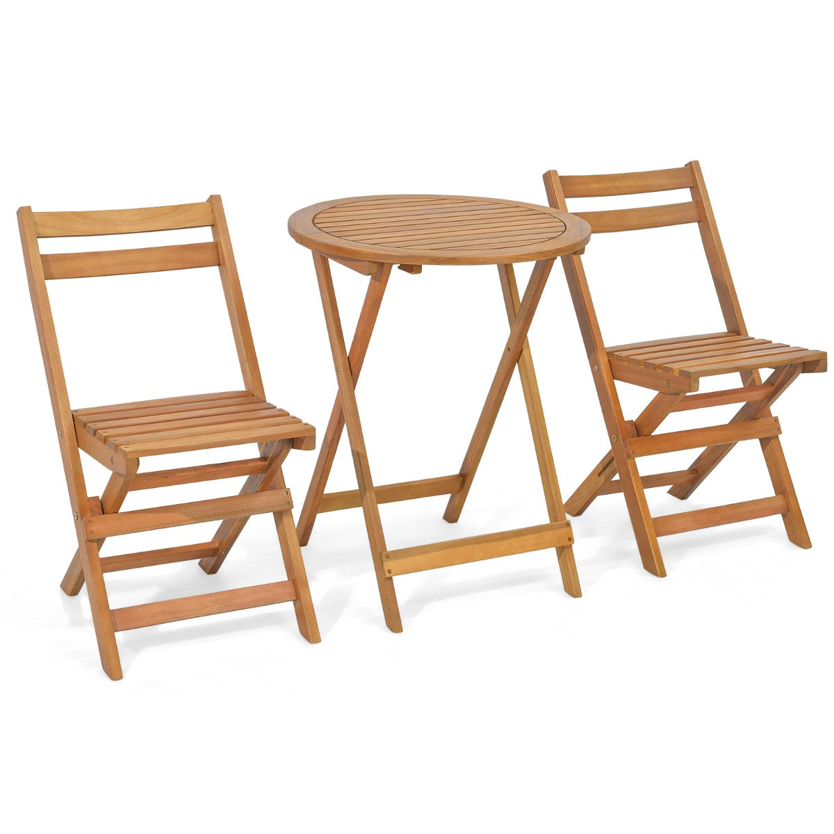 Conjunto de Mesa Redonda y 2 Sillas Plegables de Madera de Acacia para Exterior Interior Mesa y Sillas para Patio Balcón Jardín Natural