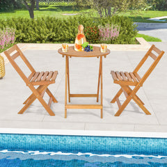 Conjunto de Mesa Redonda y 2 Sillas Plegables de Madera de Acacia para Exterior Interior Mesa y Sillas para Patio Balcón Jardín Natural