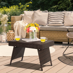 Mesa Baja de Mimbre Plegable Mesita de Exterior con Tabla en PVC para Piscina Patio Balcón Jardín Marrón 60 x 40 x 40 cm