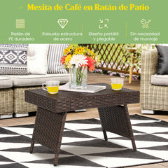 Mesa Baja de Mimbre Plegable Mesita de Exterior con Tabla en PVC para Piscina Patio Balcón Jardín Marrón 60 x 40 x 40 cm