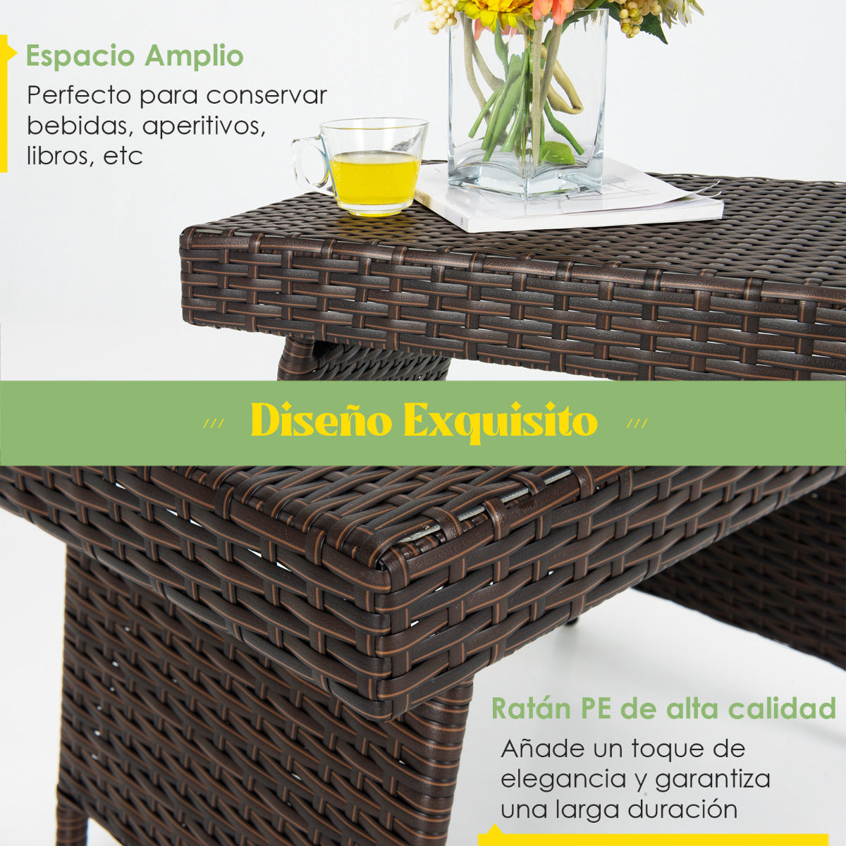 Mesa Baja de Mimbre Plegable Mesita de Exterior con Tabla en PVC para Piscina Patio Balcón Jardín Marrón 60 x 40 x 40 cm