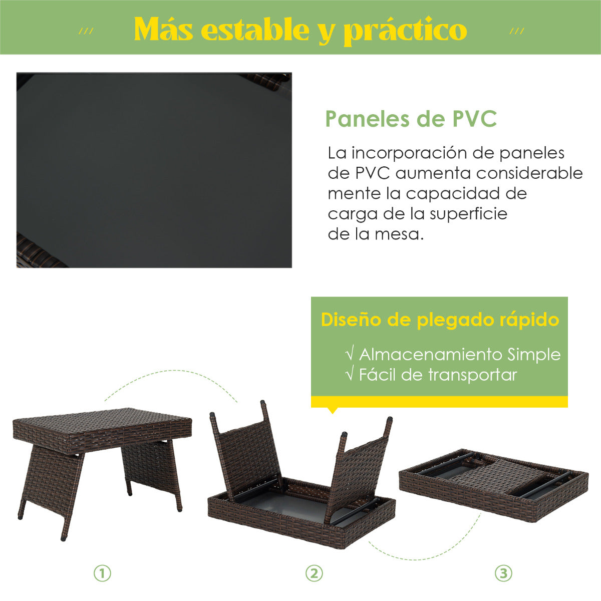 Mesa Baja de Mimbre Plegable Mesita de Exterior con Tabla en PVC para Piscina Patio Balcón Jardín Marrón 60 x 40 x 40 cm