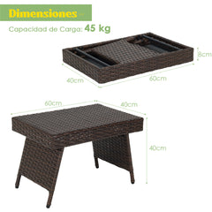 Mesa Baja de Mimbre Plegable Mesita de Exterior con Tabla en PVC para Piscina Patio Balcón Jardín Marrón 60 x 40 x 40 cm