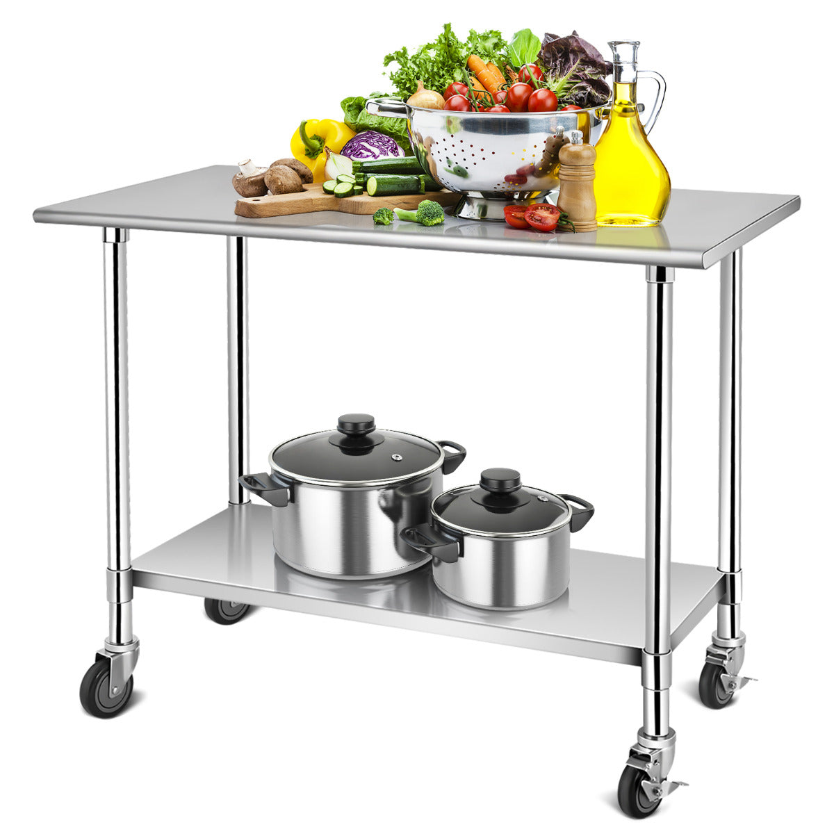 Mesa de Trabajo en Acero Inoxidable con Ruedas Bloqueables Carrito para Cocina con Repisa Inferior Regulable Plata 122 x 61 cm