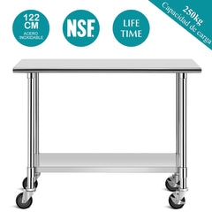 Mesa de Trabajo en Acero Inoxidable con Ruedas Bloqueables Carrito para Cocina con Repisa Inferior Regulable Plata 122 x 61 cm