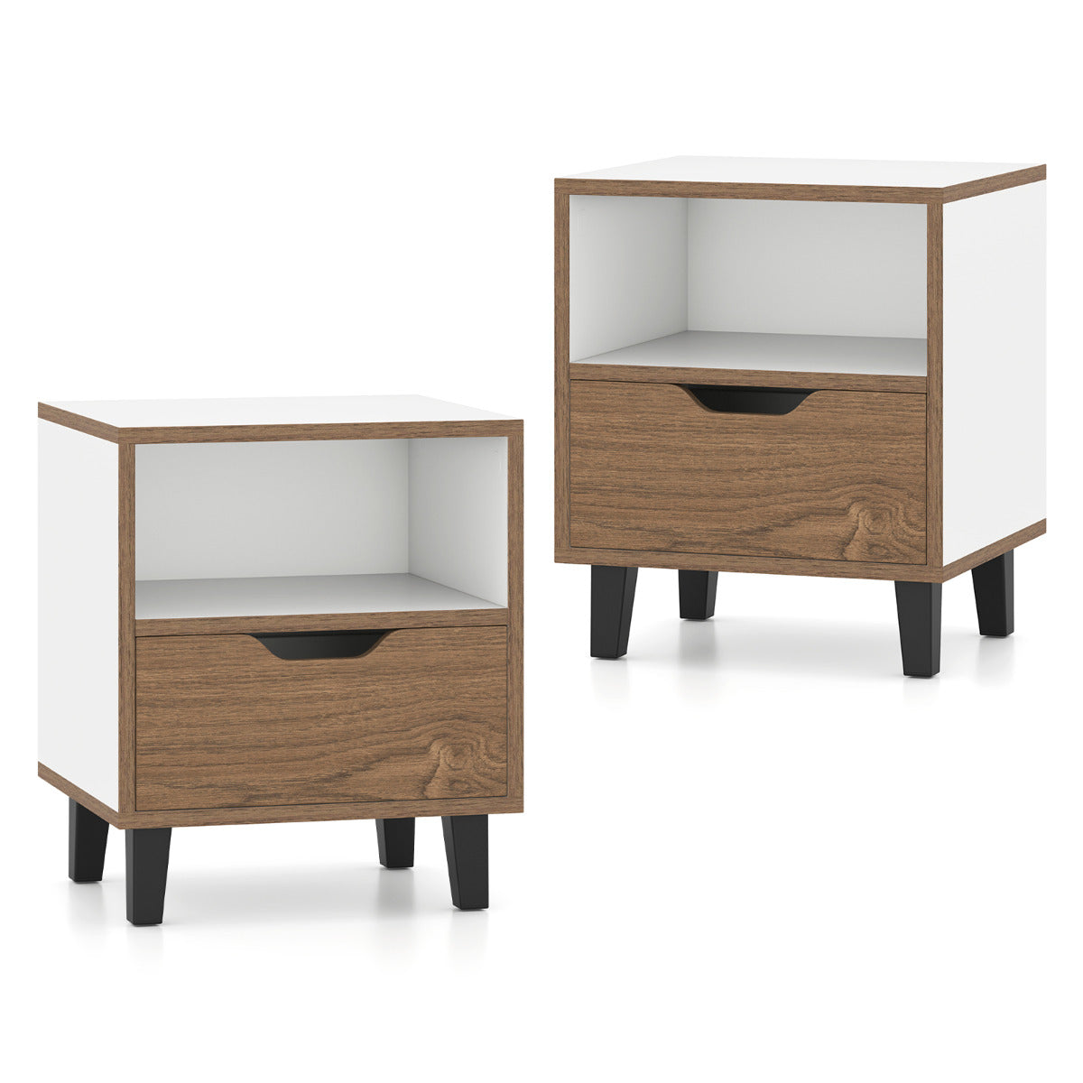 2 Mesita de Noche Mesa Lateral Moderno con Cajón Estante de Almacenaje Abierto Patas de Metal Mesa para Dormitorio Sala de Estar Blanco