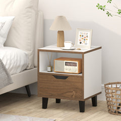 1 Mesita de Noche Mesa Lateral Moderno con Cajón Estante de Almacenaje Abierto Patas de Metal Mesa para Dormitorio Sala de Estar Blanco