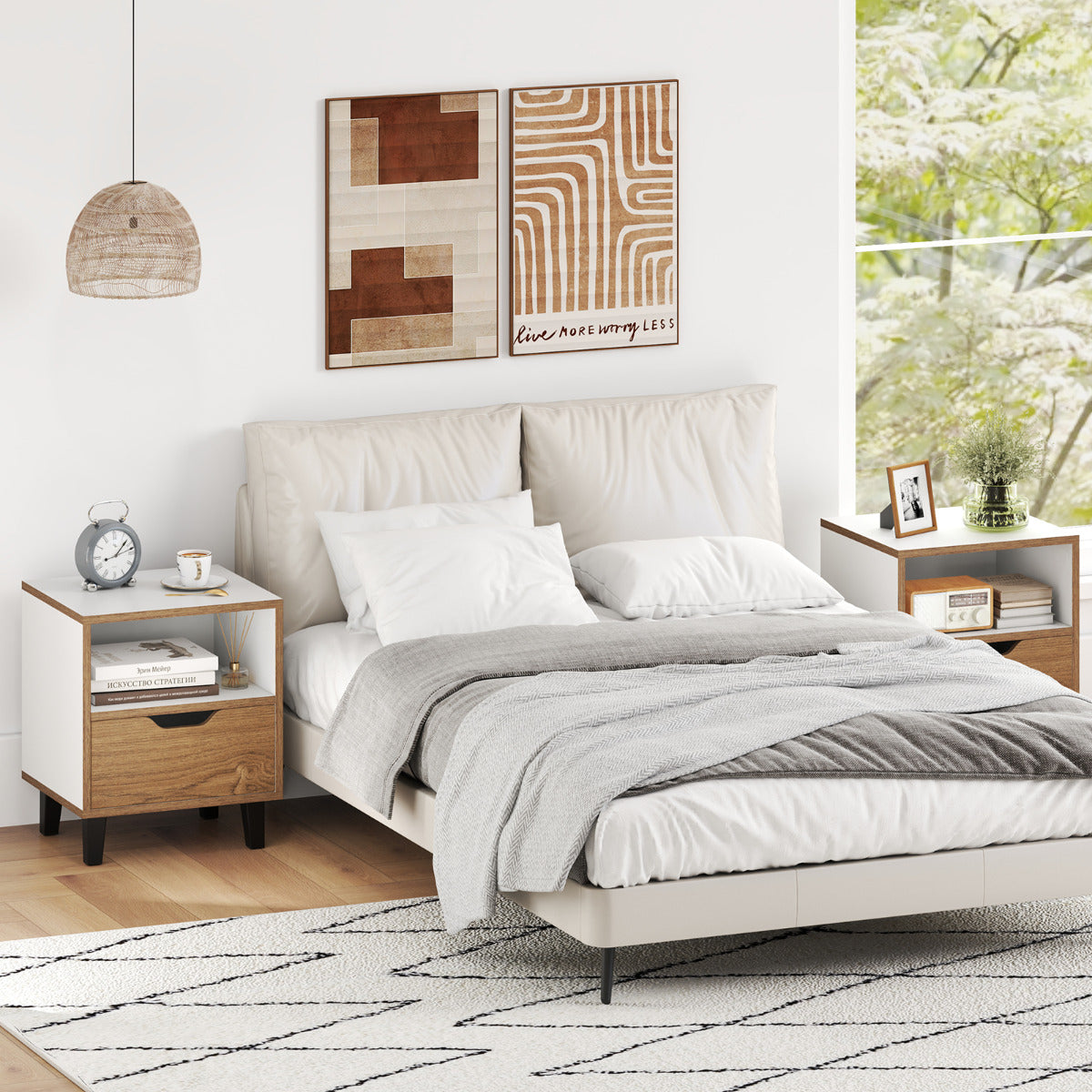 1 Mesita de Noche Mesa Lateral Moderno con Cajón Estante de Almacenaje Abierto Patas de Metal Mesa para Dormitorio Sala de Estar Blanco