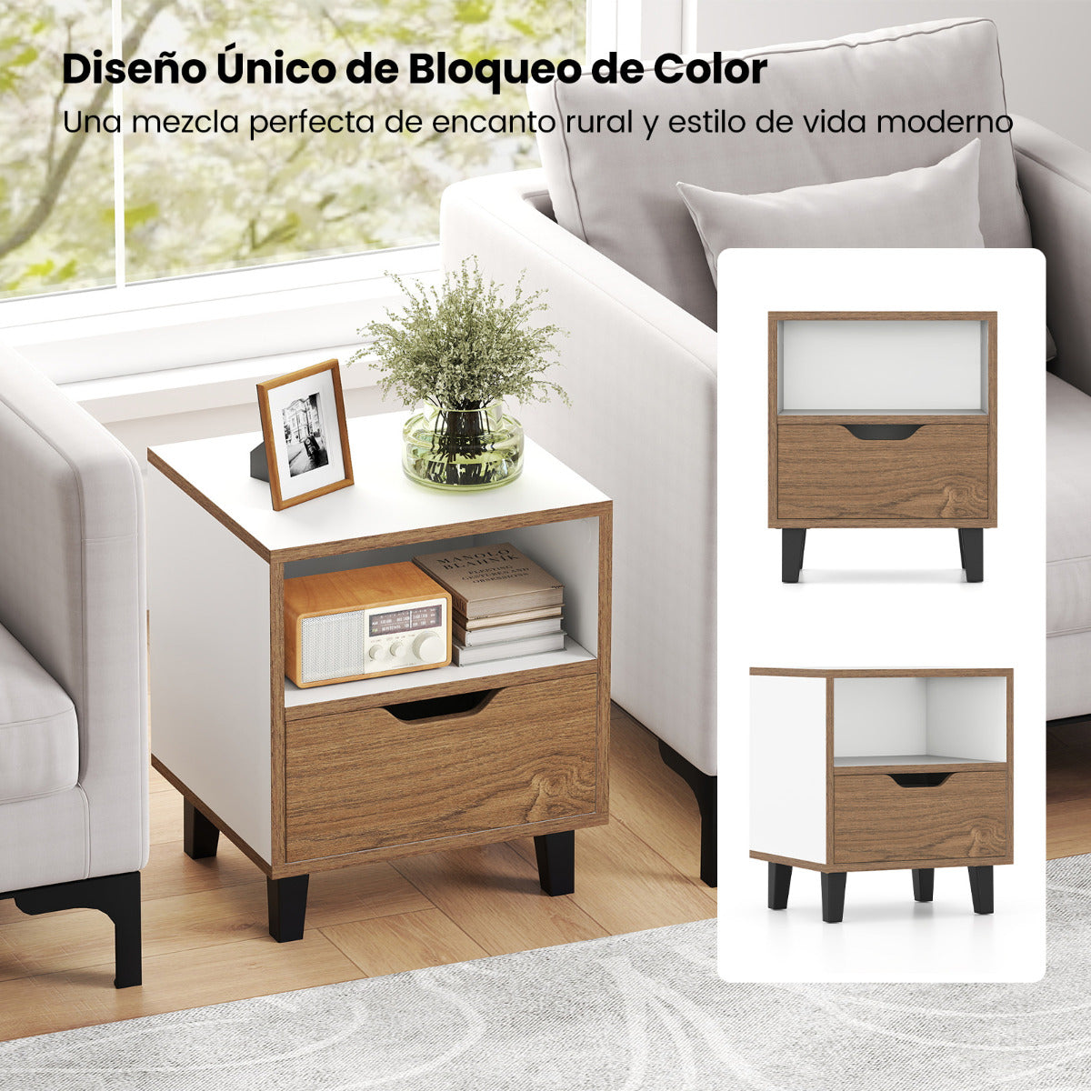 1 Mesita de Noche Mesa Lateral Moderno con Cajón Estante de Almacenaje Abierto Patas de Metal Mesa para Dormitorio Sala de Estar Blanco