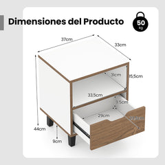 1 Mesita de Noche Mesa Lateral Moderno con Cajón Estante de Almacenaje Abierto Patas de Metal Mesa para Dormitorio Sala de Estar Blanco