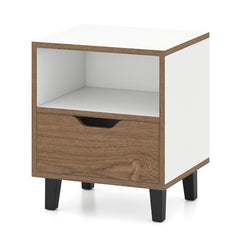 1 Mesita de Noche Mesa Lateral Moderno con Cajón Estante de Almacenaje Abierto Patas de Metal Mesa para Dormitorio Sala de Estar Blanco