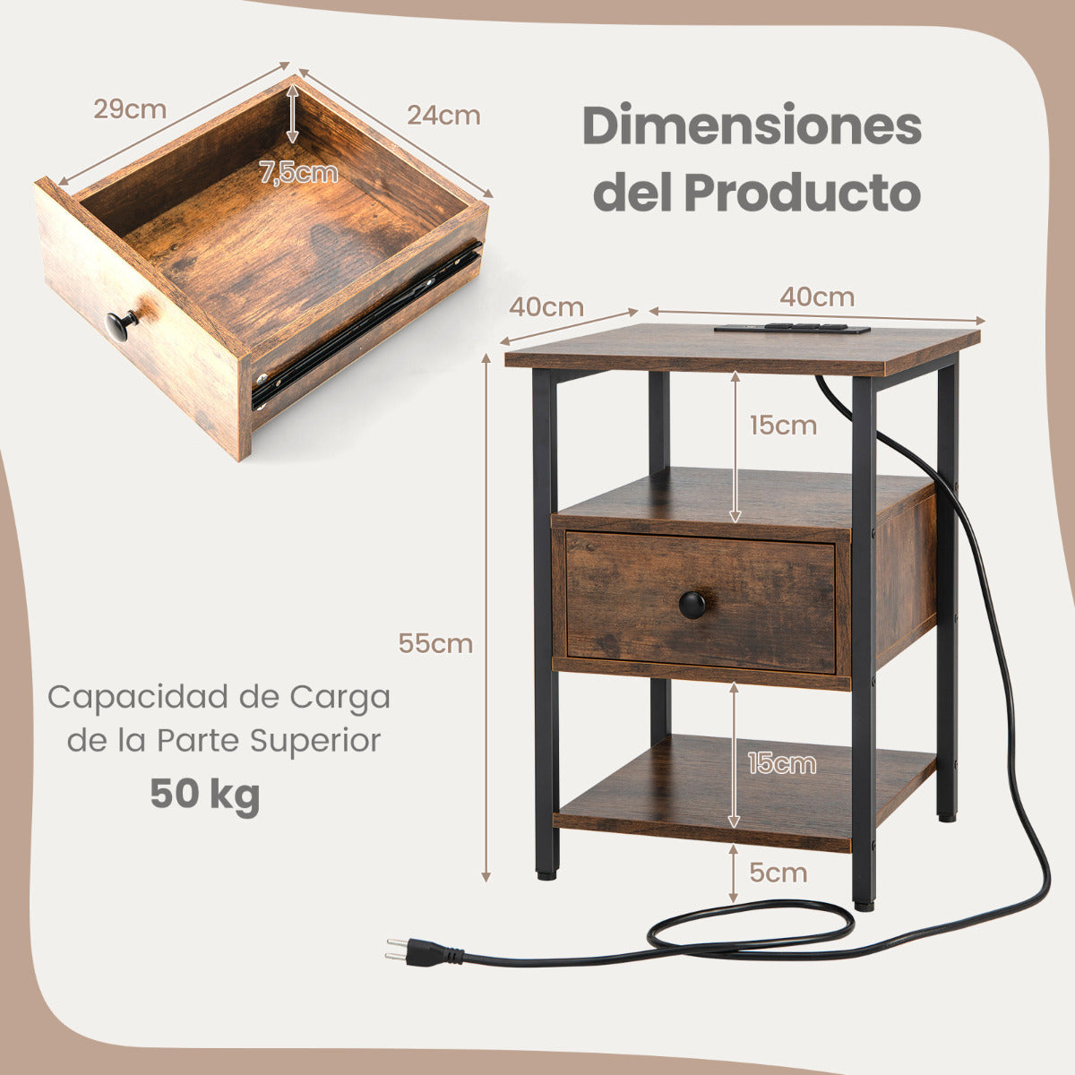 2 Mesita de Noche de 3 Niveles con Estación de Carga Mesa Lateral de Sofá con Estantes y Cajón Marco Metálico para Dormitorio Salón Marrón