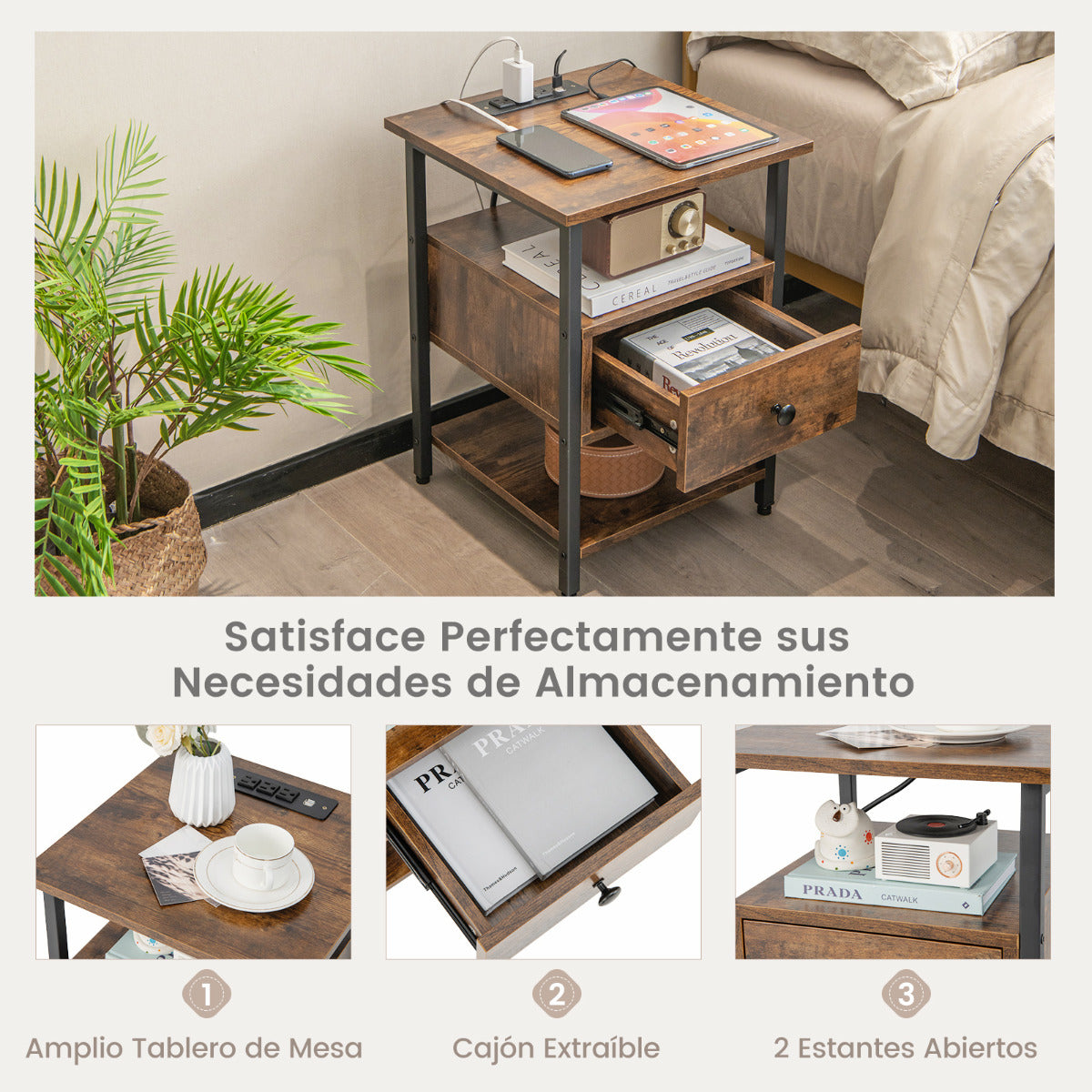 2 Mesita de Noche de 3 Niveles con Estación de Carga Mesa Lateral de Sofá con Estantes y Cajón Marco Metálico para Dormitorio Salón Marrón