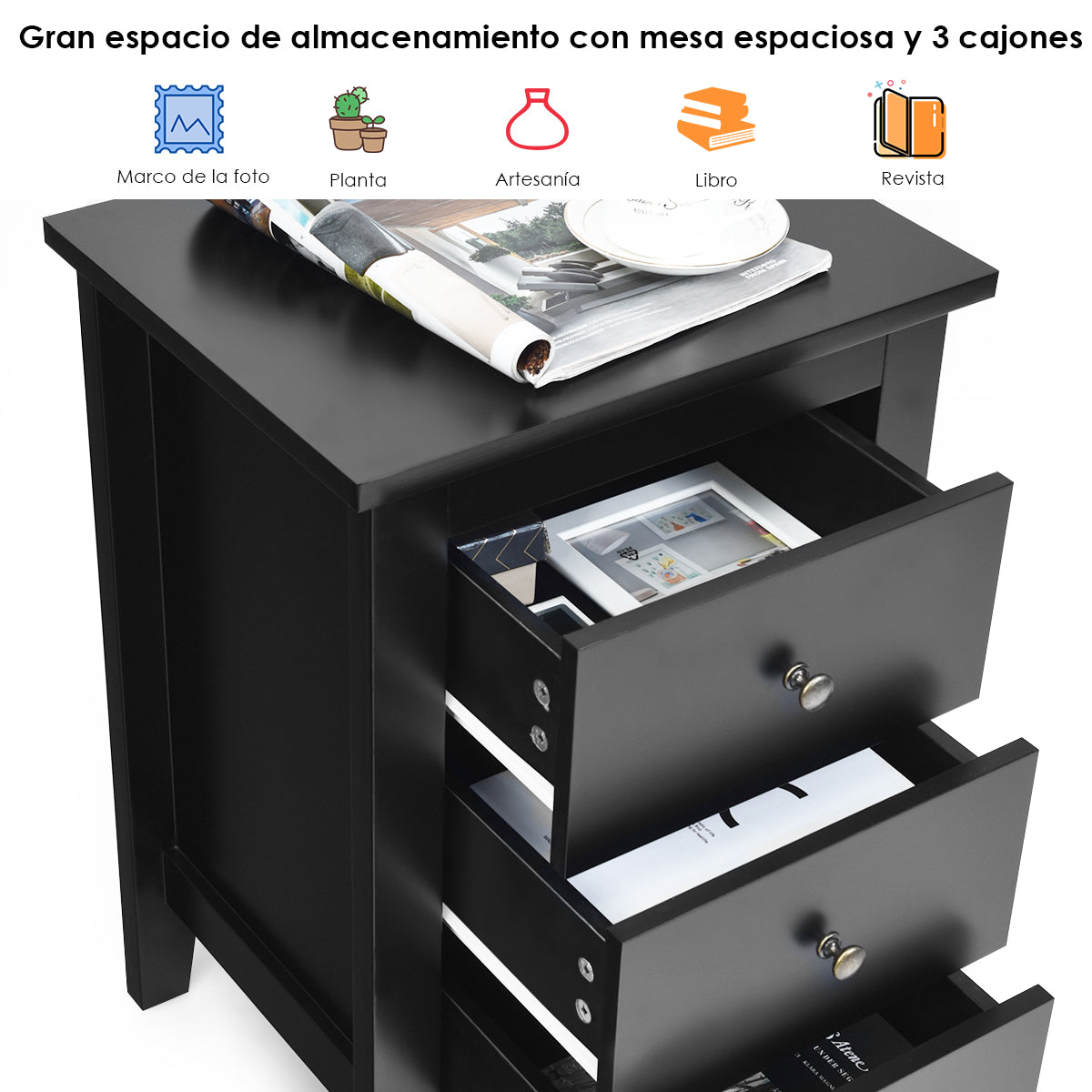 2 Mesita de Noche con 3 Cajones con Estructura Resistente para Salón y Dormitorio 46 x 37 x 65 cm Negro