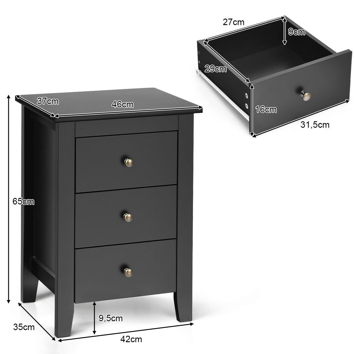 2 Mesita de Noche con 3 Cajones con Estructura Resistente para Salón y Dormitorio 46 x 37 x 65 cm Negro