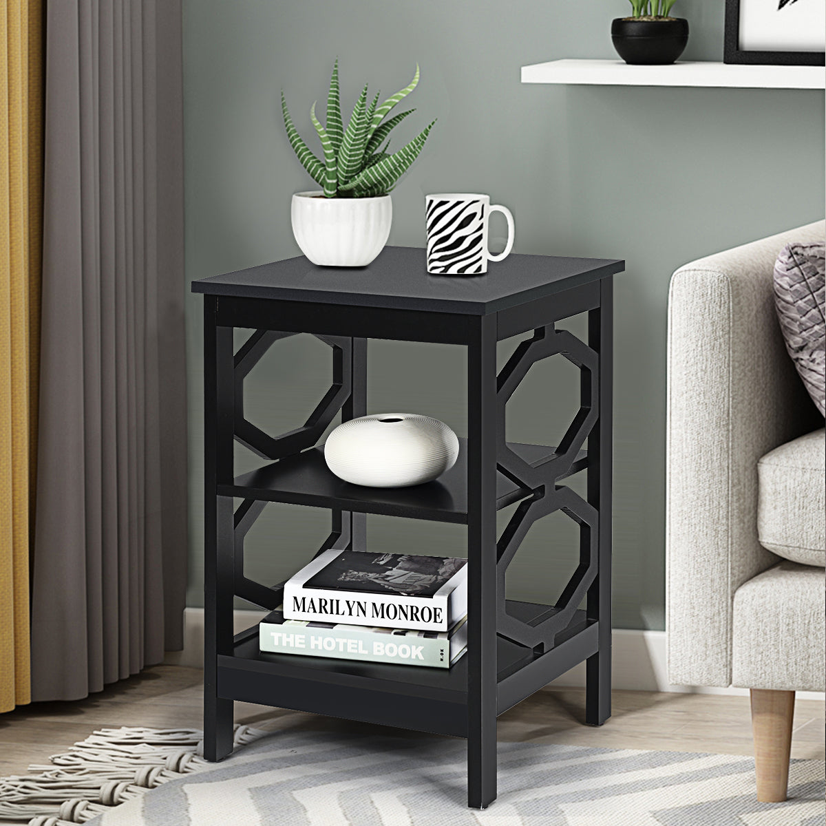 2 x Mesitas de Noche 3 Niveles Mesa Auxiliar Decoración en Forma de Omega Mesilla para Sofá Dormitorio Salón Pasillo 40 x 40 x 61 cm Negro