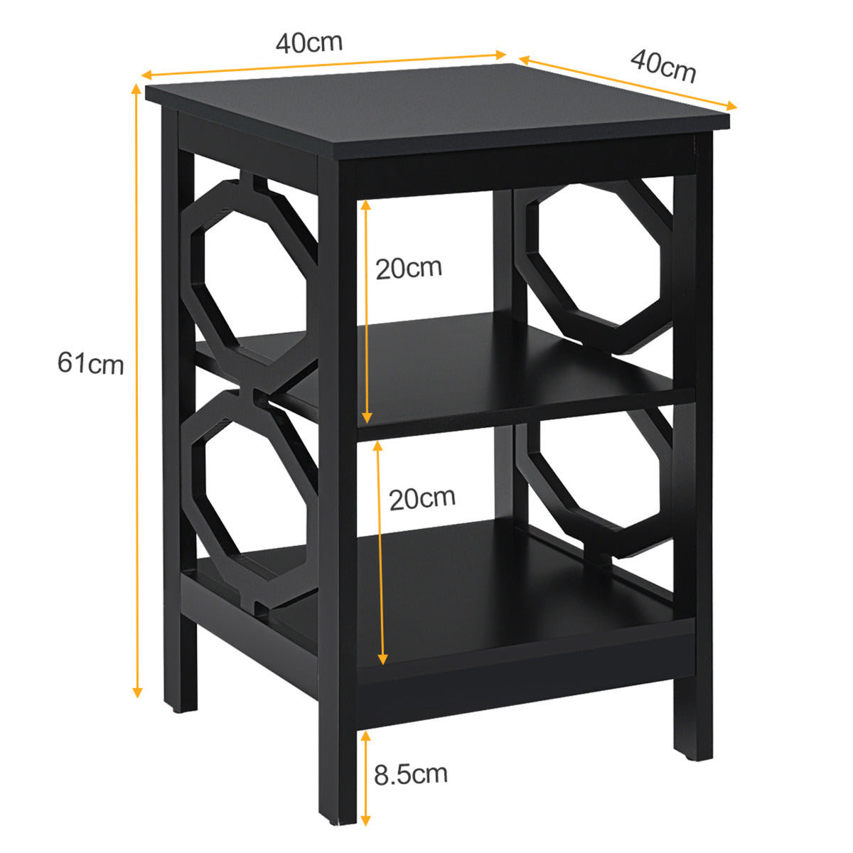 2 x Mesitas de Noche 3 Niveles Mesa Auxiliar Decoración en Forma de Omega Mesilla para Sofá Dormitorio Salón Pasillo 40 x 40 x 61 cm Negro