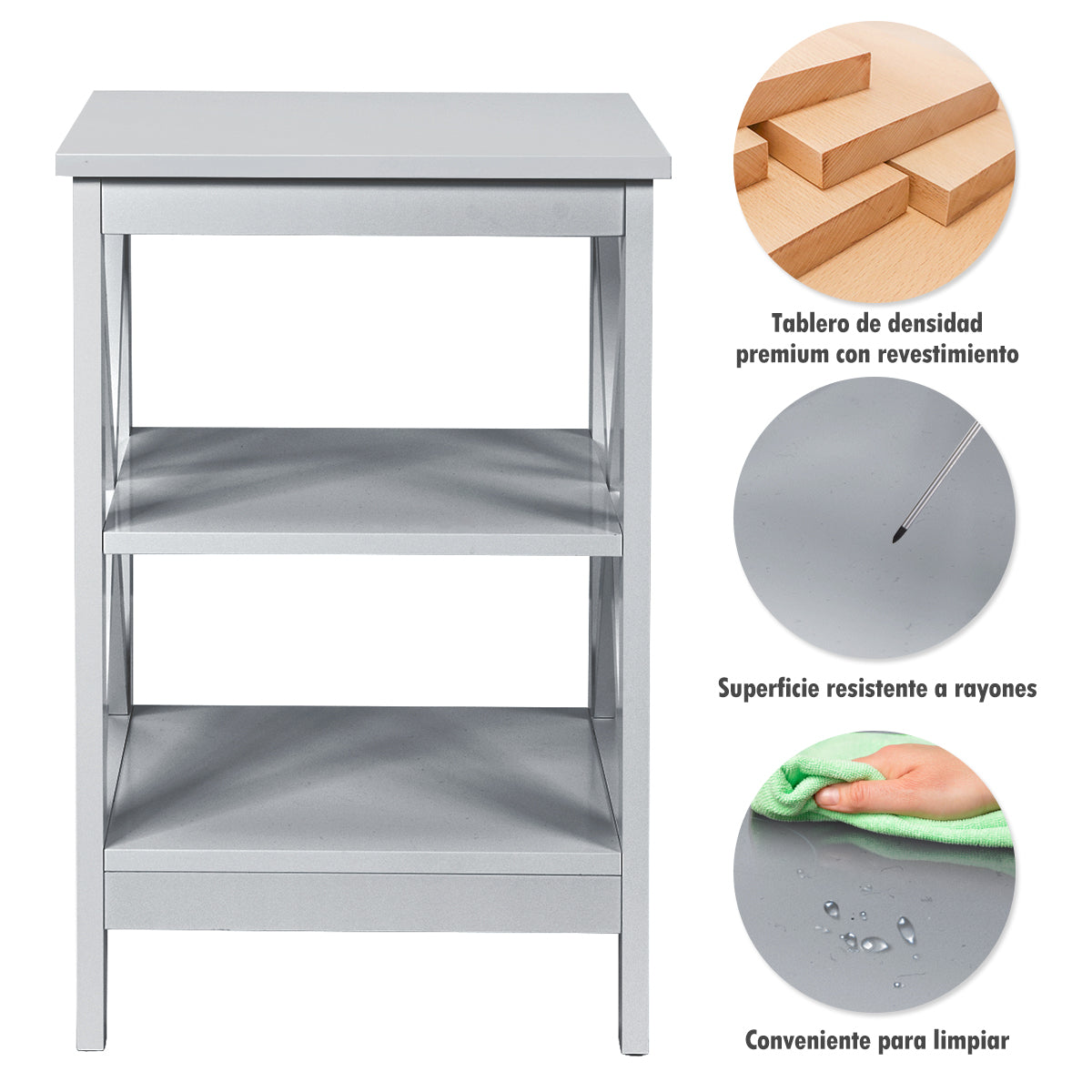 2 x Mesitas de Noche 3 Niveles Mesa Auxiliar Decoración en Forma de Omega Mesilla para Sofá Dormitorio Salón Pasillo 40 x 40 x 61 cm Gris
