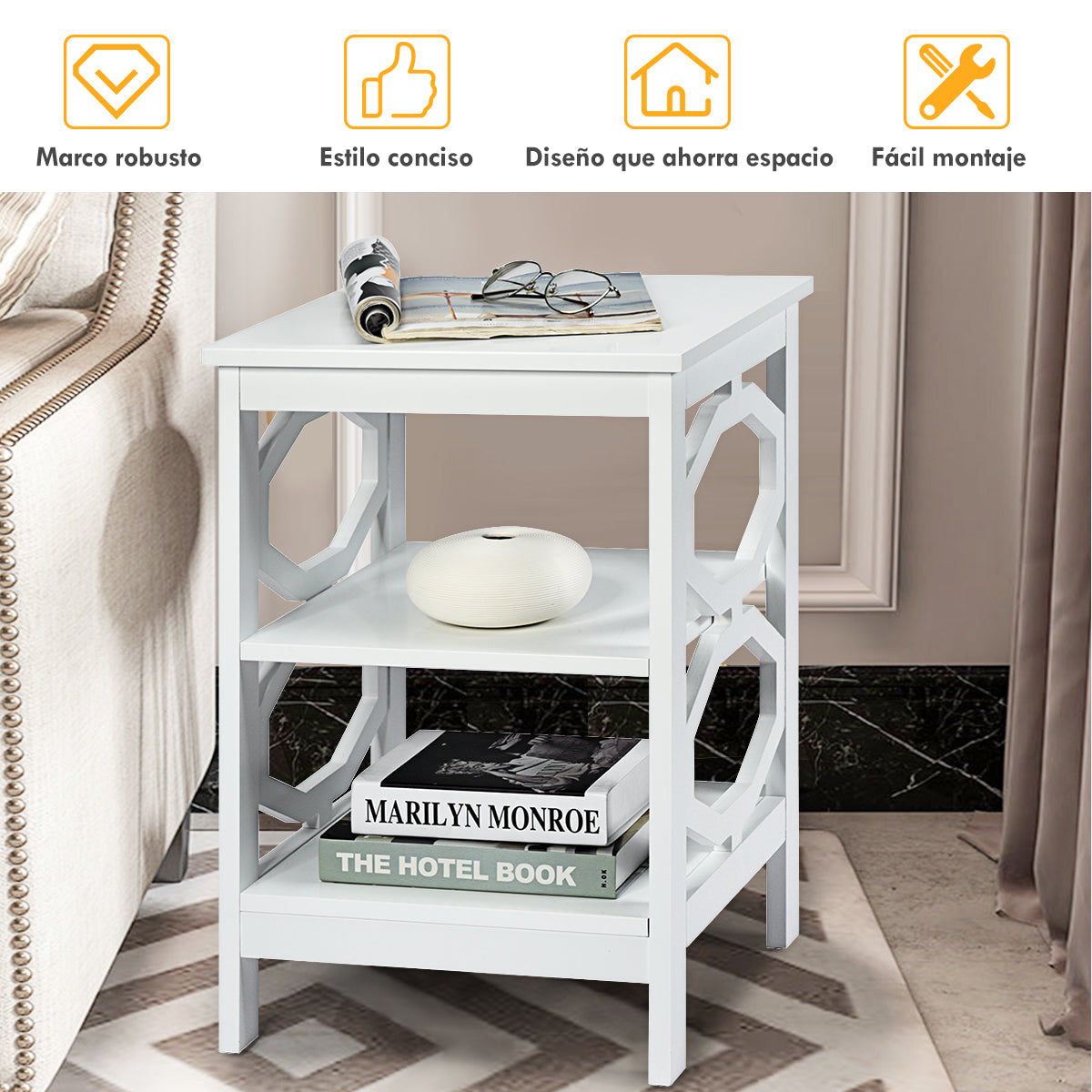 2 x Mesitas de Noche 3 Niveles Mesa Auxiliar Decoración en Forma de Omega Mesilla para Sofá Dormitorio Salón Pasillo 40 x 40 x 61 cm Blanco