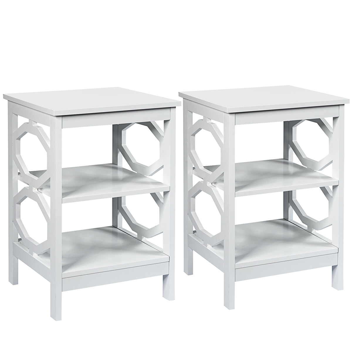 2 x Mesitas de Noche 3 Niveles Mesa Auxiliar Decoración en Forma de Omega Mesilla para Sofá Dormitorio Salón Pasillo 40 x 40 x 61 cm Blanco