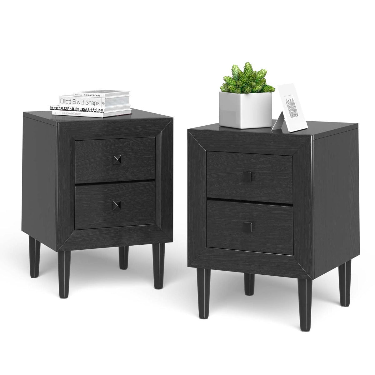 2 x Mesitas de Noche Mesita Auxiliar con 2 Cajones Mesita Lateral de Sofá para Dormitorio Salón Sala de Visitas Moderna Negro