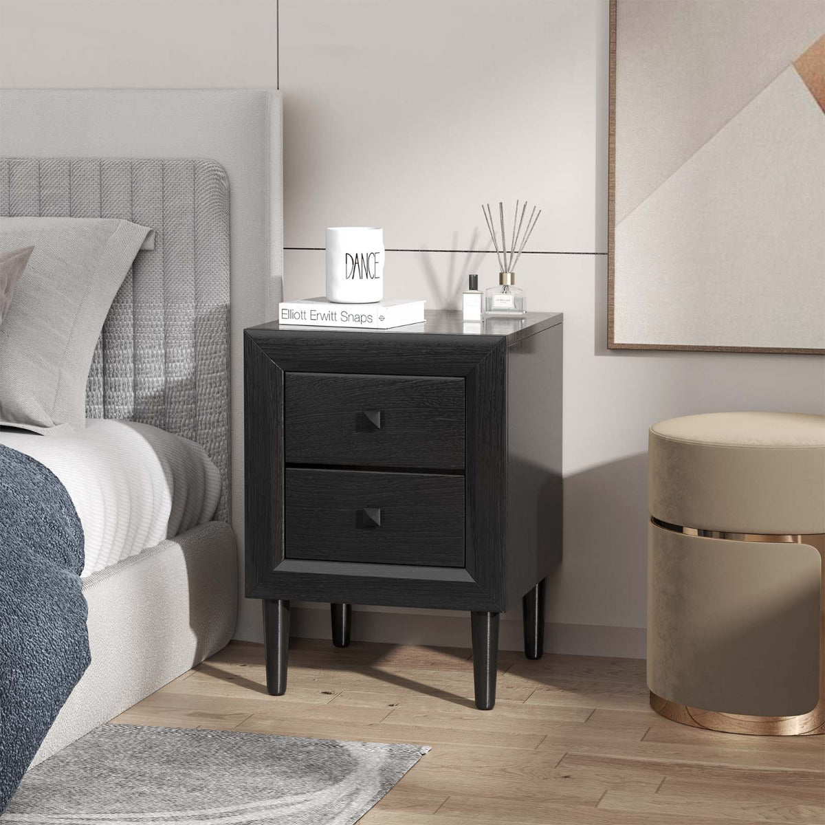 2 x Mesitas de Noche Mesita Auxiliar con 2 Cajones Mesita Lateral de Sofá para Dormitorio Salón Sala de Visitas Moderna Negro
