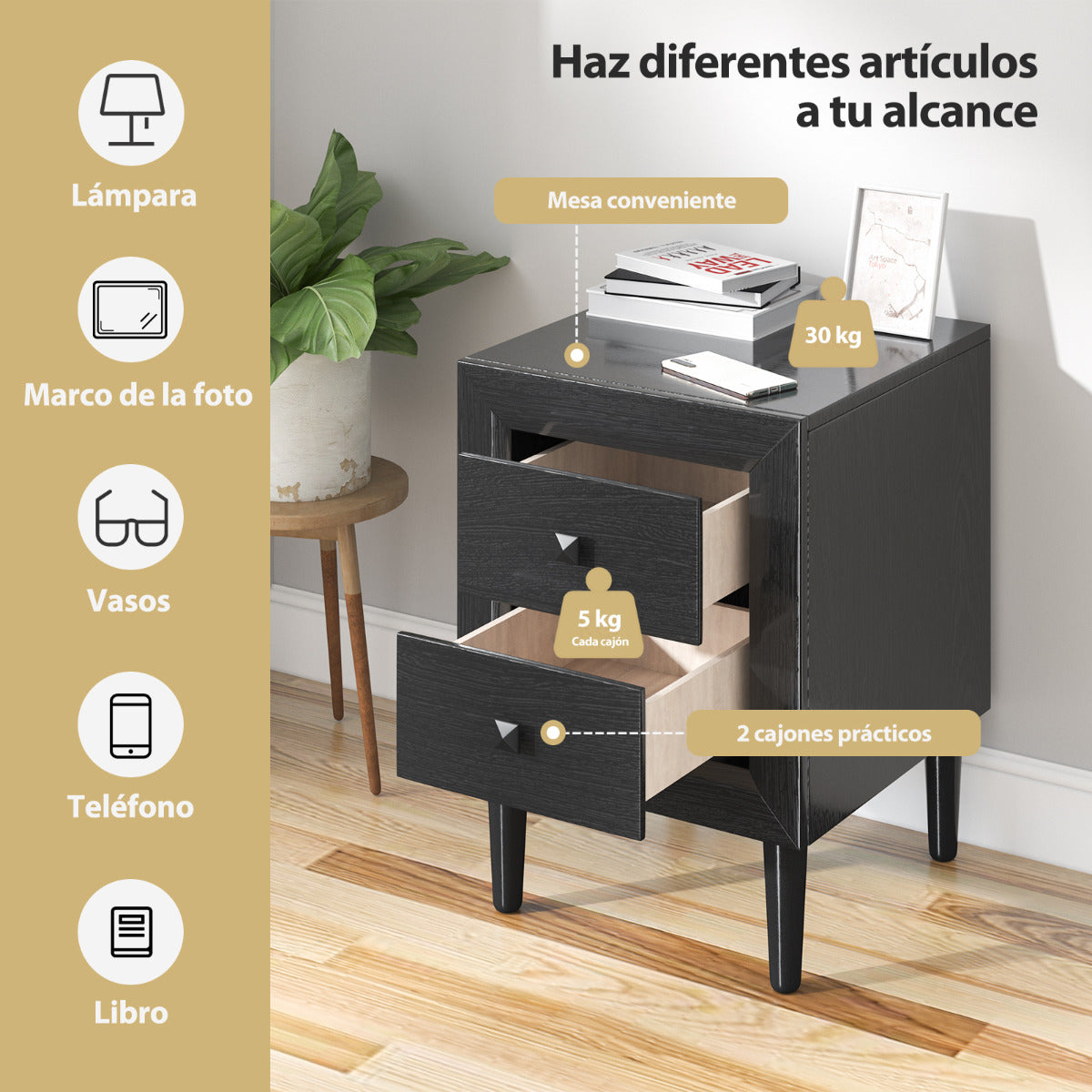 2 x Mesitas de Noche Mesita Auxiliar con 2 Cajones Mesita Lateral de Sofá para Dormitorio Salón Sala de Visitas Moderna Negro