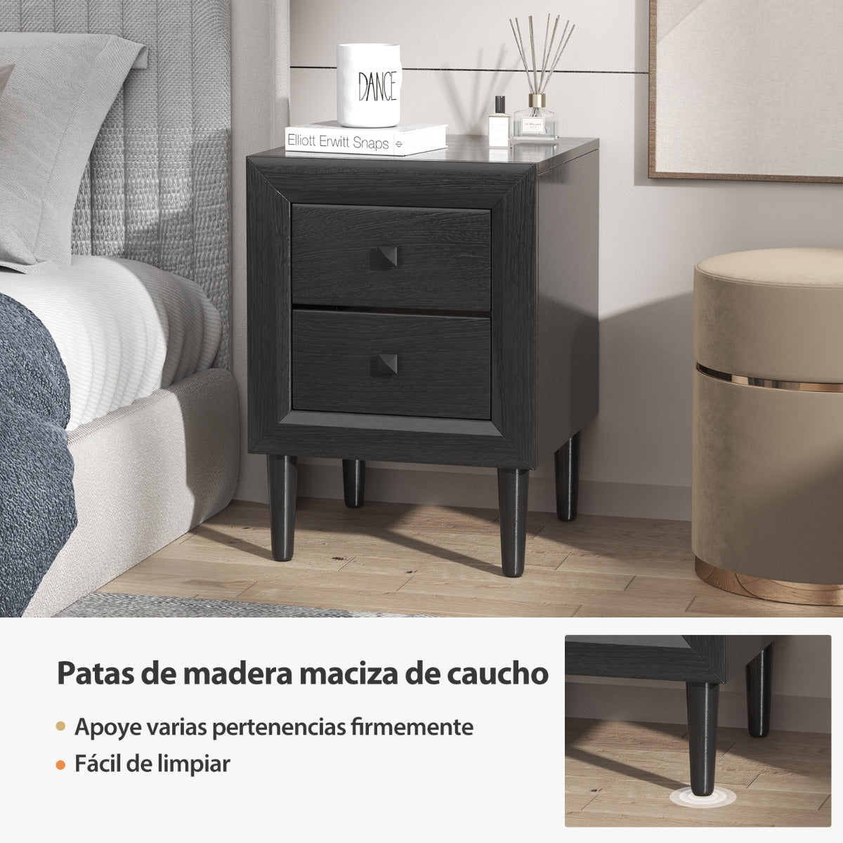 2 x Mesitas de Noche Mesita Auxiliar con 2 Cajones Mesita Lateral de Sofá para Dormitorio Salón Sala de Visitas Moderna Negro
