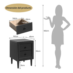 2 x Mesitas de Noche Mesita Auxiliar con 2 Cajones Mesita Lateral de Sofá para Dormitorio Salón Sala de Visitas Moderna Negro