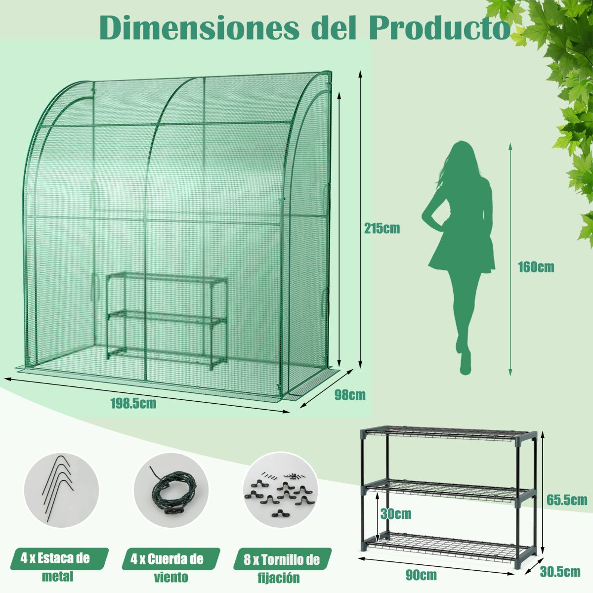 Mini Invernadero con Estante para Flores Invernadero de Pared Portátil con Cubierta de PE para Plántulas y Macetas 198,5 x 98 x 215 cm